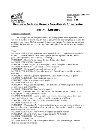 Première page de Français 3e ML — 2e devoir surveillé, 1er semestre (2018-2019) · CEG Sékou