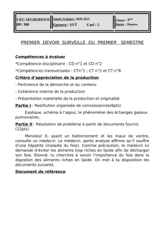 Première page de SVT 3e, 3e ML — 1er devoir surveillé, 1er semestre (2020-2021) · CEG SEGBOHOUE