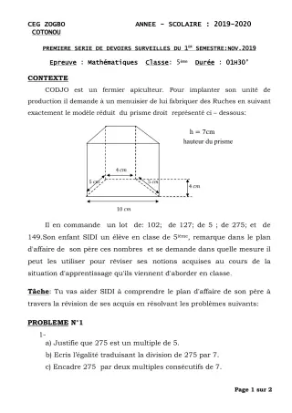 Première page de Mathématiques 5e — 1er devoir surveillé, 1er semestre (2019-2020) · CEG ZOGBO