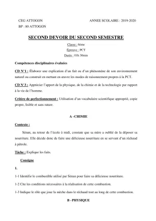 Première page de PCT 6e — 2e devoir surveillé, 2e semestre (2019-2020) · CEG Attogon