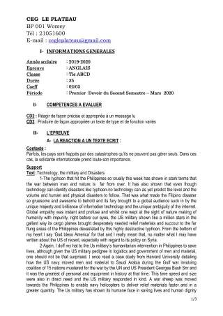 Première page de Anglais Tle A2, Tle B, Tle C, Tle D — 1er devoir surveillé, 2e semestre (2019-2020) · CEG Le Plateau