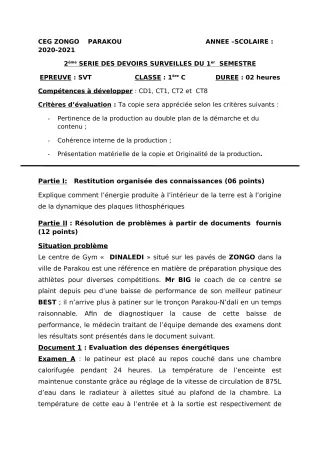 Première page de SVT 1ère C — 2e devoir surveillé, 1er semestre (2020-2021) · CEG ZONGO