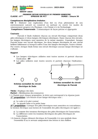 Première page de PCT 6e — Devoir surveillé, 1er semestre (2023-2024) · CEG SEKERE