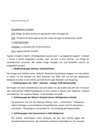 Première page de Devoir surveillé de ALLEMAND — 1ère B — CEG Dantokpa (2020)