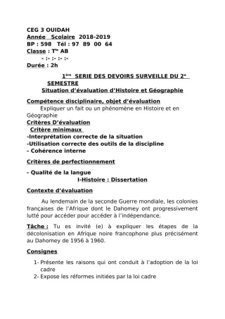 Première page de Histoire-Géographie Tle A & B — 1er devoir surveillé, 2e semestre (2018-2019) · CEG3 OUIDAH