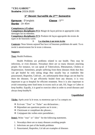 Première page de Anglais 5e — 1er devoir surveillé, 2e semestre (2019-2020) · CEG GAROU