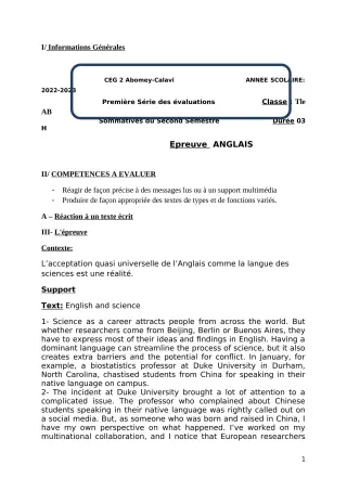 Première page de Anglais Tle A1 — 1re évaluation sommative, 2e semestre (2022-2023) · CEG2 ABOMEY - CALAVI (CEG ZOCA)