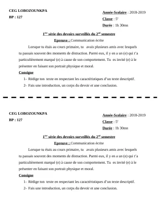 Première page de Français 5e — 1er devoir surveillé, 2e semestre (2018-2019) · CEG Lobozounkpa