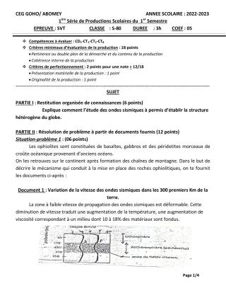 Première page de SVT 1ère D — 1re production scolaire, 1er semestre (2022-2023) · CEG GOHO