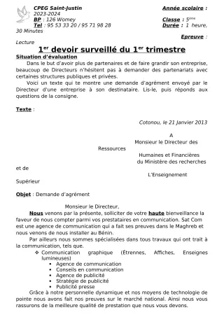 Première page de Français 5e — 1er devoir surveillé, 1er trimestre (2023-2024) · CPEG SAINT Justin