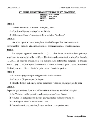 Première page de Histoire-Géographie 6e, 5e, 4e, 4e ML, 3e, 3e ML, 2nde A & B, 2nde D, 1ère A, 1ère A & B, 1ère D, Tle A, Tle B, Tle D — 1er devoir surveillé, 2e semestre (2018-2019) · CEG1 Abomey