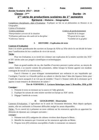 Première page de Histoire-Géographie 3e, 3e ML — 1re production scolaire, 1er semestre (2018-2019) · CEG3 Pobè (Akouho)