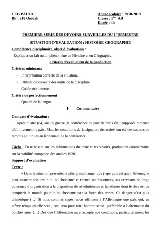 Première page de Histoire-Géographie 1ère A1, 1ère A2, 1ère B — 1er devoir surveillé, 1er semestre (2018-2019) · CEG PAHOU