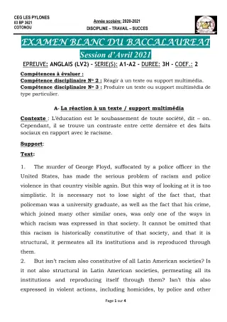Première page de Examen Blanc de ANGLAIS — Tle A1, Tle A2 — CEG Les Pylônes (2020)