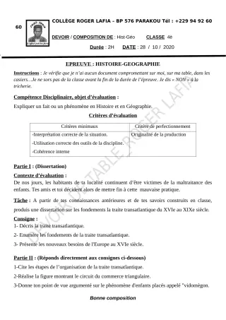 Première page de Histoire-Géographie 4e — Composition (2020-2021) · CPEG Roger LAFIA