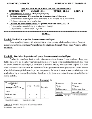 Première page de SVT 5e — 2e production scolaire, 1er semestre (2021-2022) · CEG GOHO