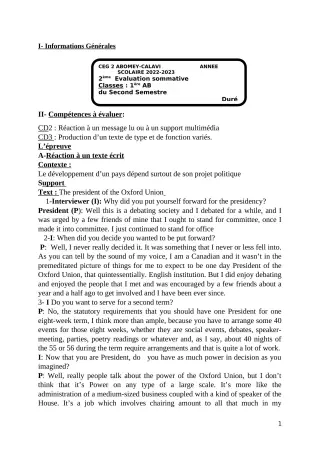 Première page de Anglais 1ère A & B — 2e évaluation sommative, 2e semestre (2022-2023) · CEG2 ABOMEY - CALAVI (CEG ZOCA)