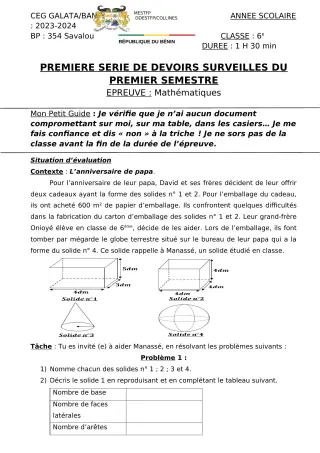 Première page de Mathématiques 6e, 5e, 4e, 4e ML, 3e — 1er devoir surveillé, 1er semestre (2023-2024) · CEG Galata