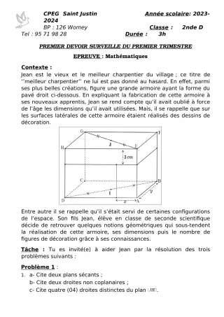 Première page de Mathématiques 2nde D — 1er devoir surveillé, 1er trimestre (2023-2024) · CPEG SAINT Justin
