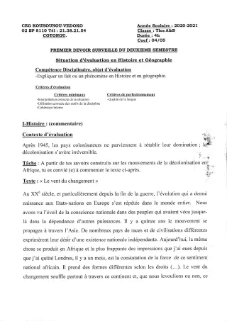 Première page de Histoire-Géographie Tle A1, Tle A2, Tle B — 1er devoir surveillé, 2e semestre (2020-2021) · CEG Kouhounou-Vêdoko
