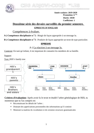 Première page de Anglais 6e — 2e devoir surveillé, 1er semestre (2019-2020) · CEG ADJOVICODJI 'LES OLIVIERS'