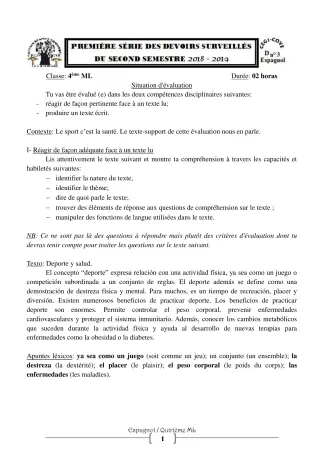 Première page de Espagnol 4e ML — 1er devoir surveillé, 2e semestre (2018-2019) · CEG1 Covè