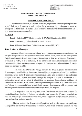 Première page de Français 1ère A2, 1ère C, 1ère D — 2e devoir surveillé, 2e semestre (2019-2020) · CEG Yagbe