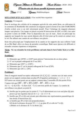 Première page de Mathématiques 1ère C — 1er devoir surveillé, 1er semestre (2020-2021) · PMB