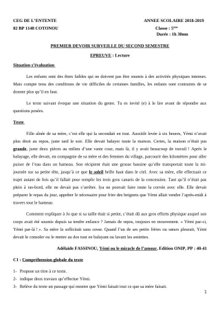 Première page de Français 5e — 1er devoir surveillé, 2e semestre (2018-2019) · CEG L'Entente