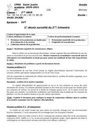 Première page de SVT 2nde A2, 2nde B, 2nde C, 2nde D, 1ère A2, 1ère B, Tle D — 1er devoir surveillé, 2e trimestre (2020-2021) · CPEG SAINT Justin
