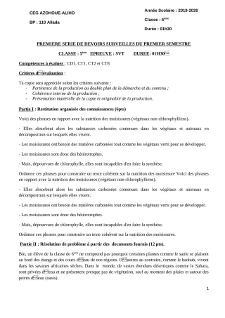 Première page de SVT 5e — 1er devoir surveillé, 1er semestre (2019-2020) · CEG AZOHOUE-ALIHO