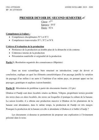 Première page de SVT 4e, 4e ML — 1er devoir surveillé, 2e semestre (2019-2020) · CEG Attogon