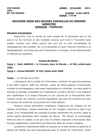 Première page de Français 2nde A2, 2nde B, 2nde C, 2nde D — 2e devoir surveillé, 1er semestre (2021-2022) · CEG PAHOU