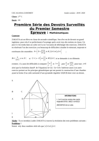 Première page de Mathématiques 2nde C — 1er devoir surveillé, 1er semestre (2019-2020) · CEG Agassa Godomey