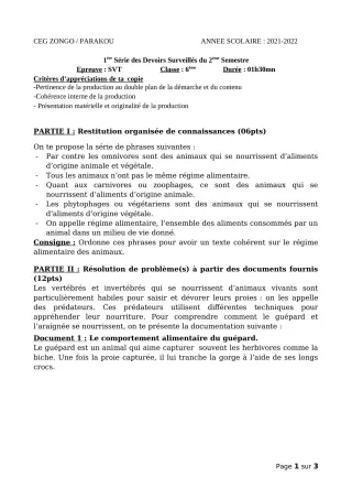 Première page de SVT 6e — 1er devoir surveillé, 2e semestre (2021-2022) · CEG ZONGO