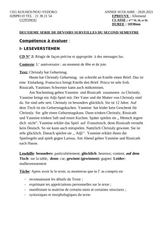 Première page de Allemand 4e — 2e devoir surveillé, 2e semestre (2020-2021) · CEG Kouhounou-Vêdoko