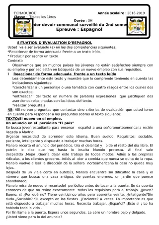 Première page de Espagnol 1ère A — 1er devoir surveillé, 2e semestre (2018-2019) · CEG Tchatchou