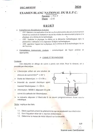 Première page de Devoir surveillé de PCT — 3e — CPEG PIERRE ANGULAIRE (2019)