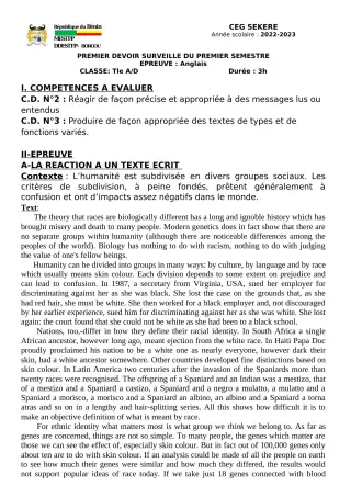 Première page de Anglais Tle A2, Tle D — 1er devoir surveillé, 1er semestre (2022-2023) · CEG SEKERE