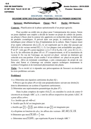 Première page de Mathématiques Tle C — 2e évaluation sommative, 1er semestre (2019-2020) · CEG Dantokpa