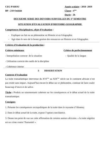 Première page de Histoire-Géographie 4e, 4e ML — 2e devoir surveillé, 1er semestre (2018-2019) · CEG PAHOU