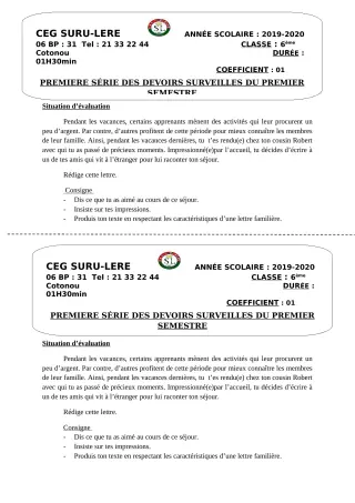 Première page de Français 6e, 5e, 4e, 4e ML, 3e, 3e ML, 2nde A1, 2nde A2, 2nde B, 2nde C, 2nde D, 1ère A, 1ère A1, 1ère A2, 1ère B, 1ère C, 1ère D, Tle A1, Tle A2, Tle B, Tle C, Tle D — 1er devoir surveillé, 1er semes