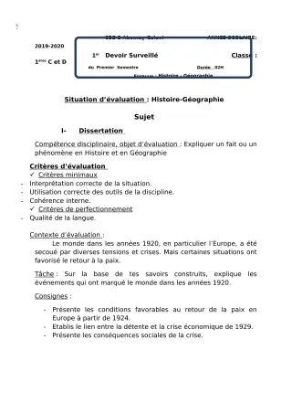 Première page de Histoire-Géographie 1ère C, 1ère D — 1er devoir surveillé, 1er semestre (2018-2019) · CEG2 ABOMEY - CALAVI (CEG ZOCA)