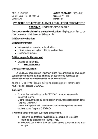 Première page de Histoire-Géographie 1ère C, 1ère D — 2e devoir surveillé, 1er semestre (2020-2021) · CEG LE NOKOUE