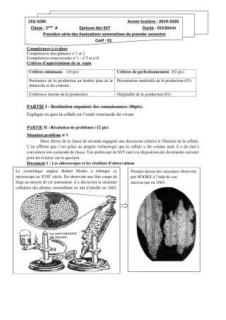 Première page de SVT 2nde A — 1re évaluation sommative, 1er semestre (2019-2020) · CEG SORI