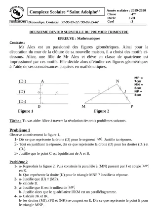Première page de Mathématiques 3e, 3e ML — 2e devoir surveillé, 1er trimestre (2019-2020) · CPEG Saint Adolphe