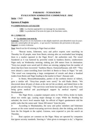 Première page de Anglais Tle C, Tle D — Évaluation sommative (2018-2019) · CEG Hubert C. MAGA