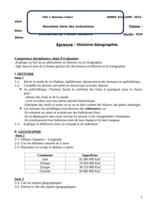 Première page de Histoire-Géographie 6e — 2e évaluation sommative, 1er semestre (2023-2024) · CEG2 ABOMEY - CALAVI (CEG ZOCA)