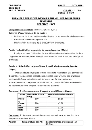 Première page de SVT 1ère A1, 1ère A2, 1ère B — 1er devoir surveillé, 1er semestre (2021-2022) · CEG PAHOU