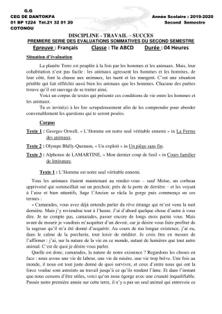 Première page de Français Tle A1, Tle A2, Tle B, Tle C, Tle D — 1re évaluation sommative, 2e semestre (2019-2020) · CEG Dantokpa